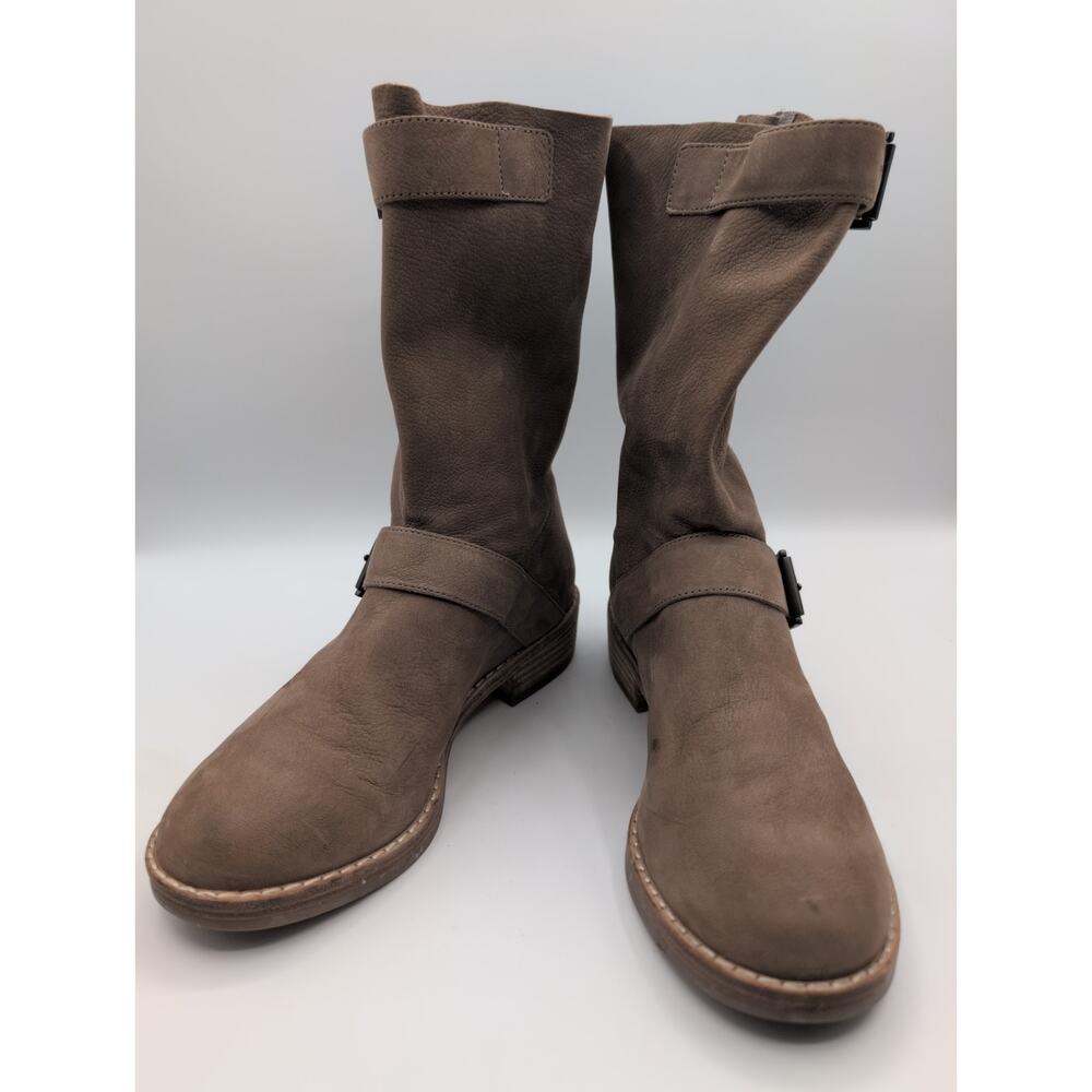 Eileen Fisher Log Two Buckle Mid Shaft Oatmeal Suede Boots Size 6.5